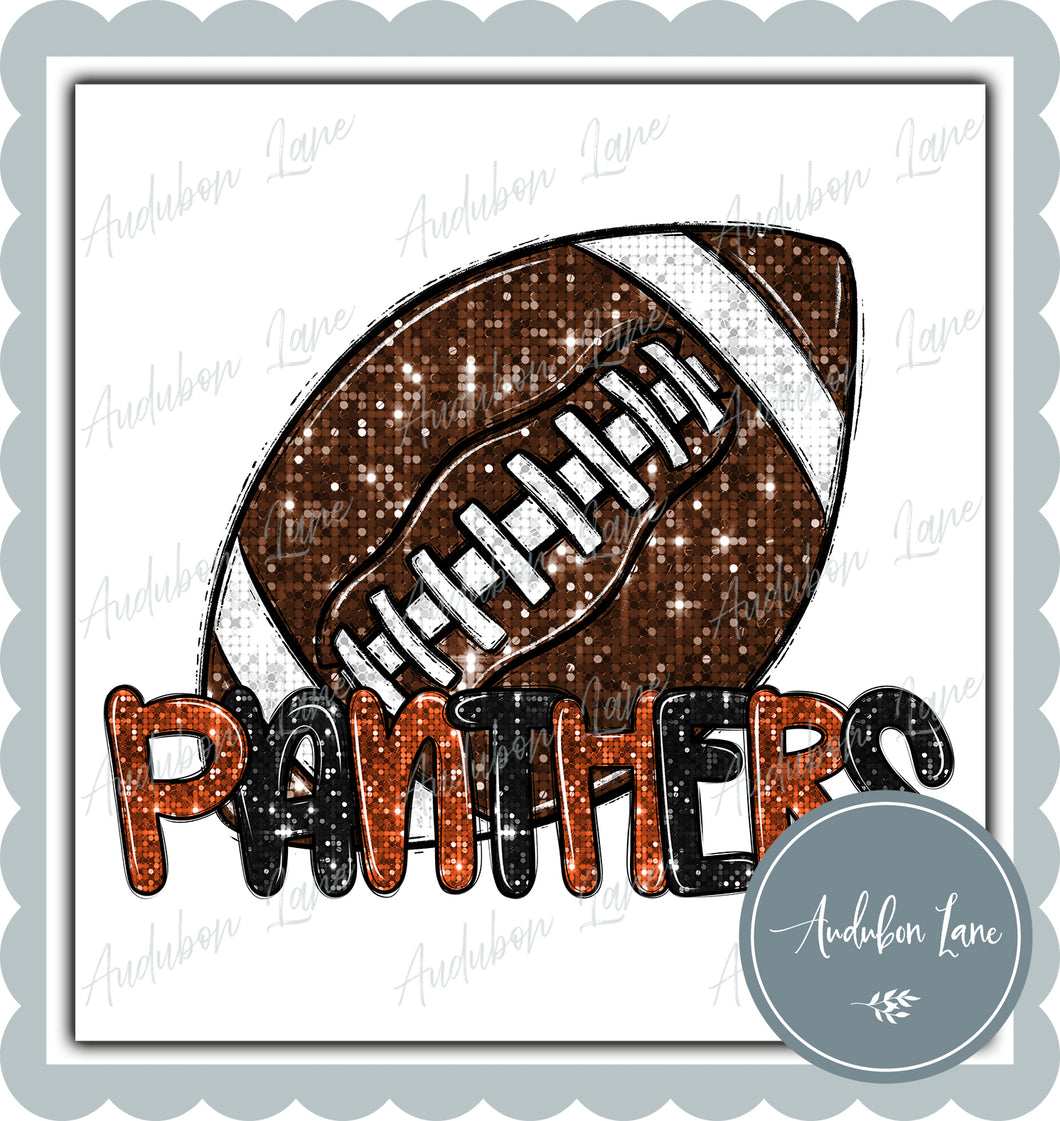 Panthers Orange and Black Faux Sequin Football with Mascot Print Ready To Press DTF Transfer Custom Colors Available On Request