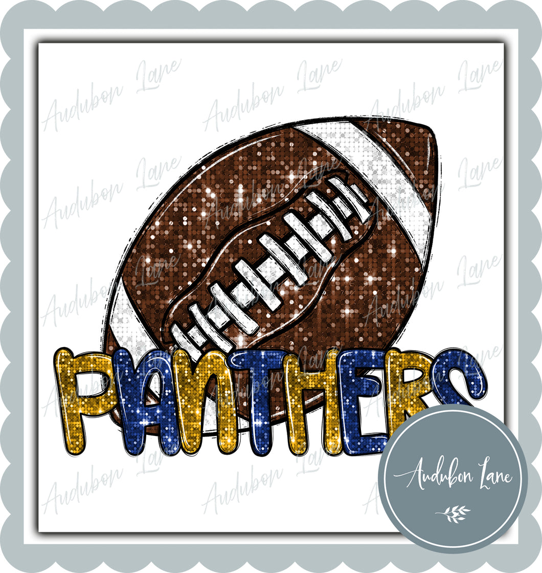 Panthers Royal and Gold Faux Sequin Football with Mascot Print Ready To Press DTF Transfer Custom Colors Available On Request