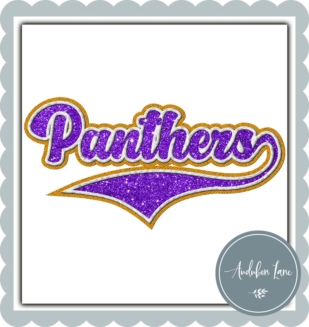 Panthers Faux Purple Glitter and White and Gold Embroidery