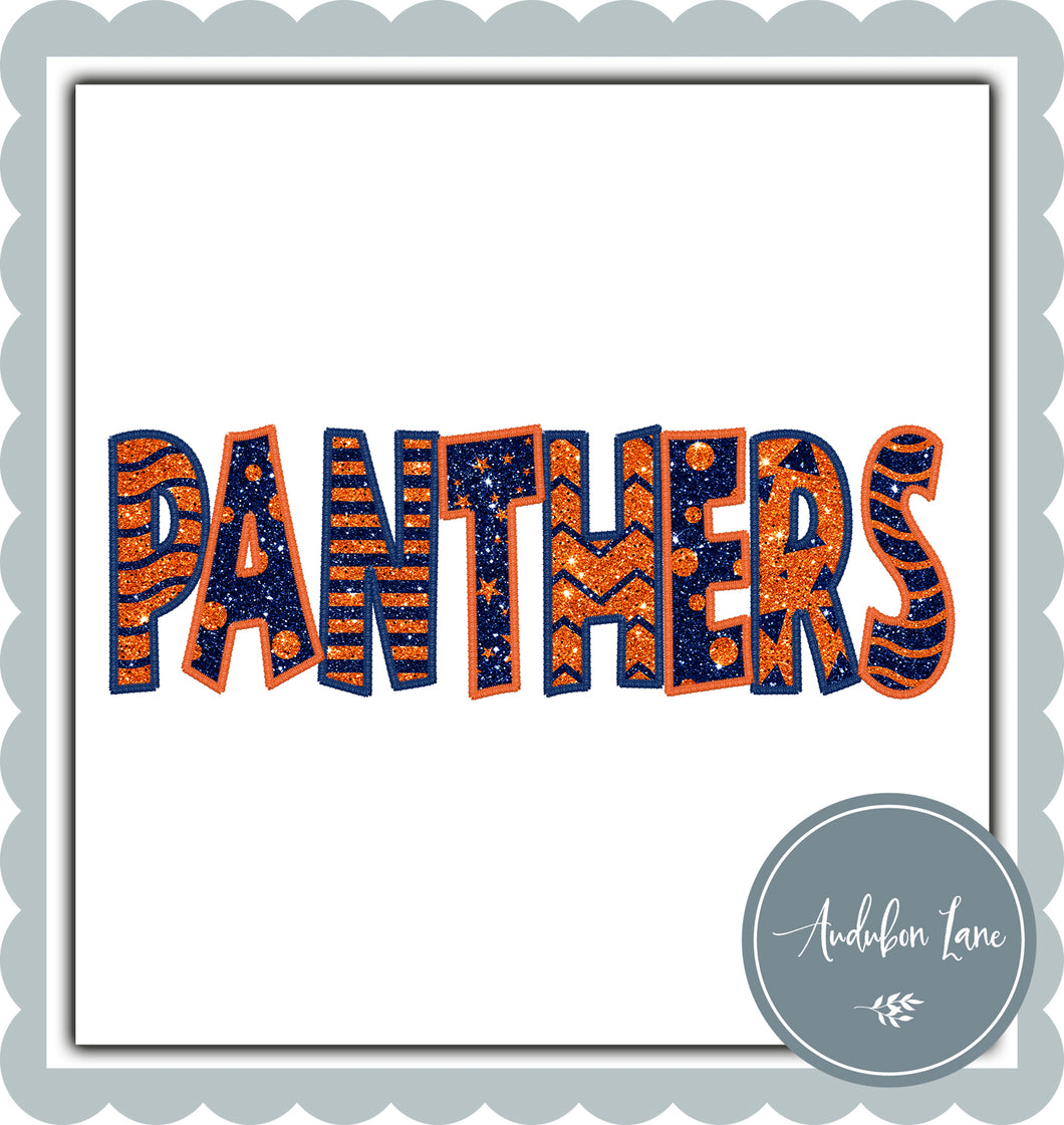 Panthers Faux Orange and Navy Glitter Strsight Across Embroidery