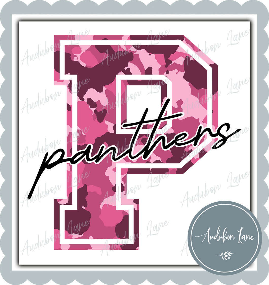 Panthers Breast Cancer Awareness Pink Camo Mascot Letter Ready to Press DTF Transfer Customs Available On Request