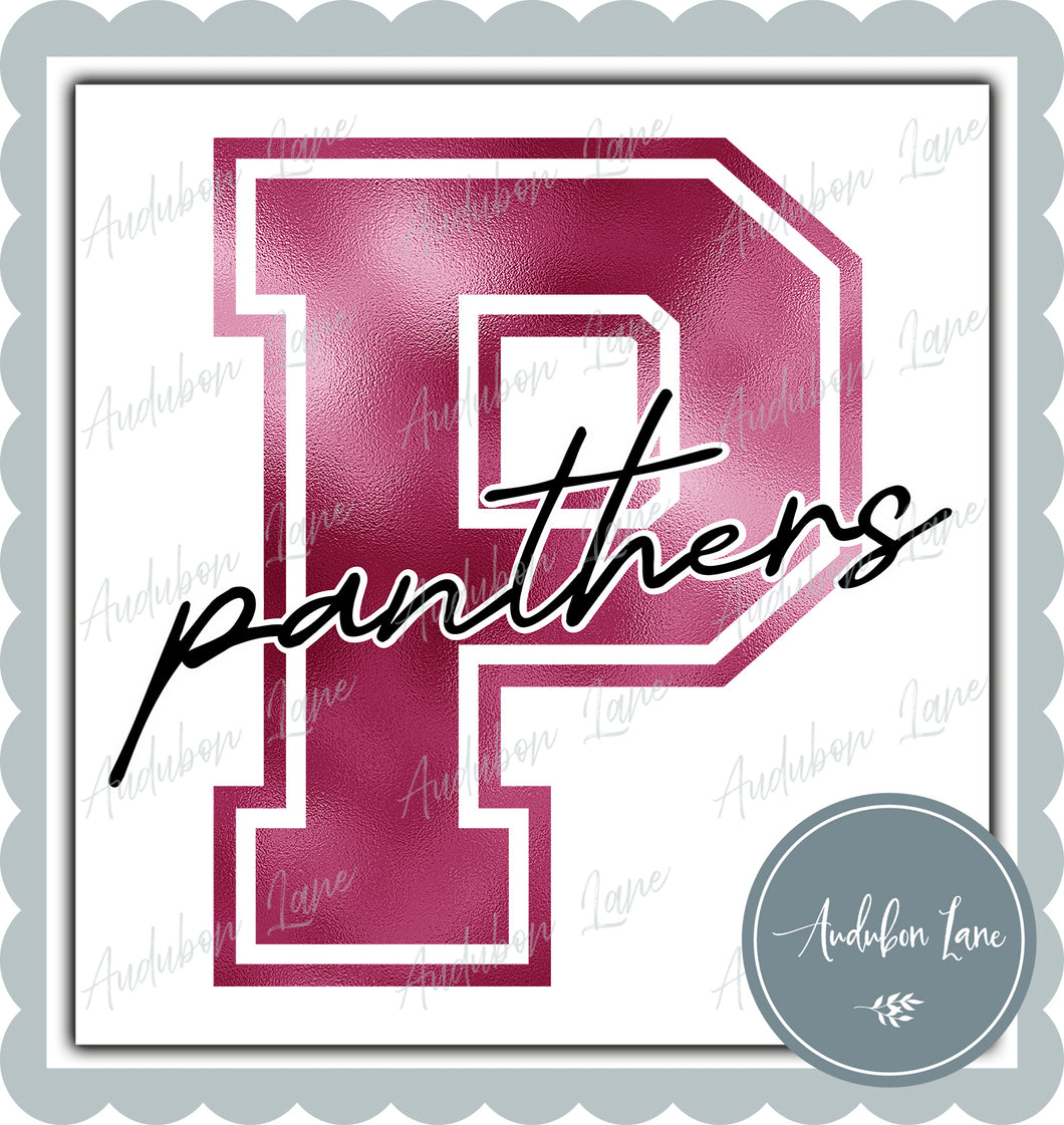 Panthers Breast Cancer Awareness Faux Metallic Pink Foil Mascot Letter Ready to Press DTF Transfer Customs Available On Request
