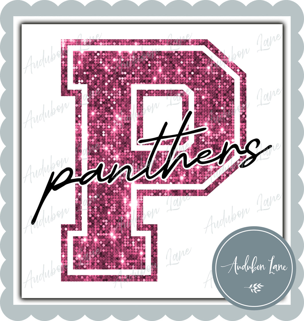 Panthers Breast Cancer Awareness Faux Pink Sequin Mascot Letter Ready to Press DTF Transfer Customs Available On Request