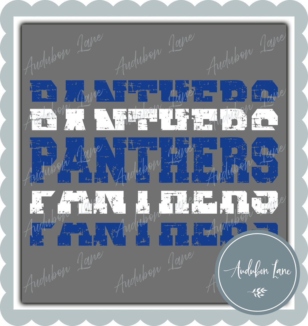 Panthers Stacked Pro Distressed Two Color Royal Blue and White Ready To Press DTF Transfer Custom Colors Available On Request