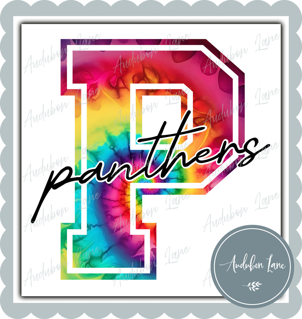 Panthers Rainbow Tie Dye Mascot Letter Ready to Press DTF Transfer Customs Available On Request
