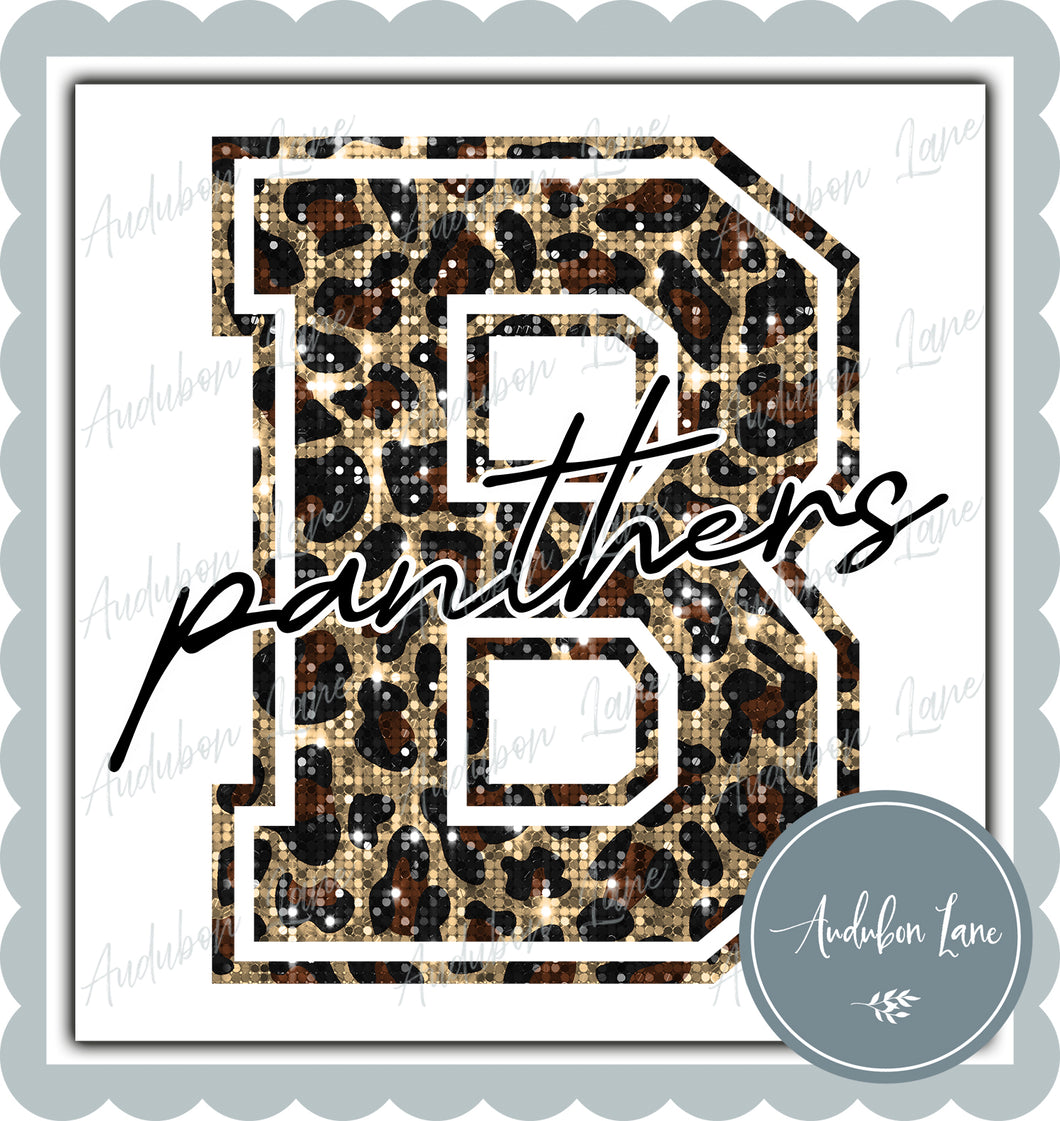 Panthers With B Sequin Leopard Mascot Letter Ready to Press DTF Transfer Customs Available On Request