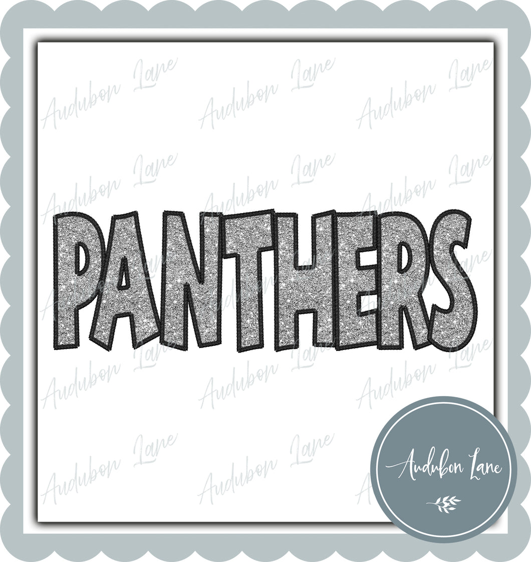 Panthers Straight Across Faux Silver Glitter and Black Embroidery Ready To Press DTF Transfer Custom Colors Available On Request
