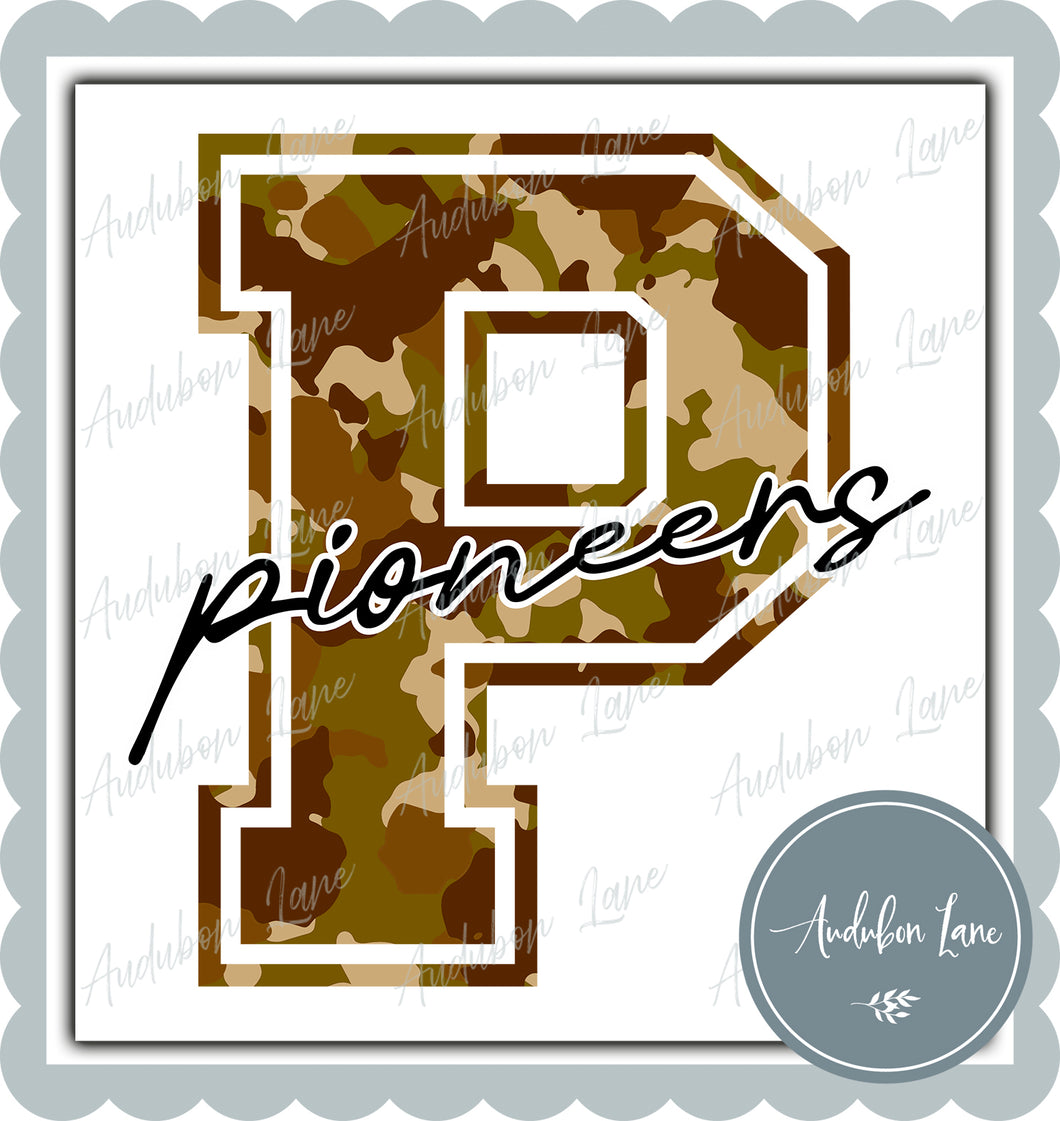 Pioneers Old School Camo Mascot Letter Ready to Press DTF Transfer Customs Available On Request
