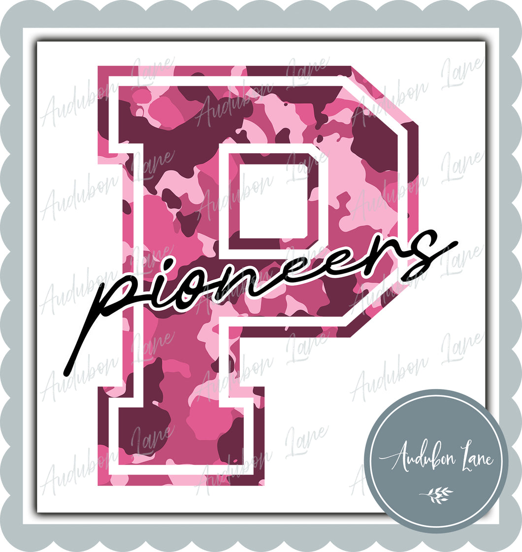 Pioneers Breast Cancer Awareness Pink Camo Mascot Letter Ready to Press DTF Transfer Customs Available On Request