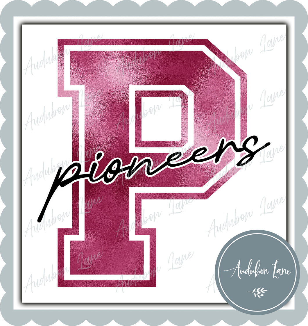 Pioneers Breast Cancer Awareness Faux Metallic Pink Foil Mascot Letter Ready to Press DTF Transfer Customs Available On Request