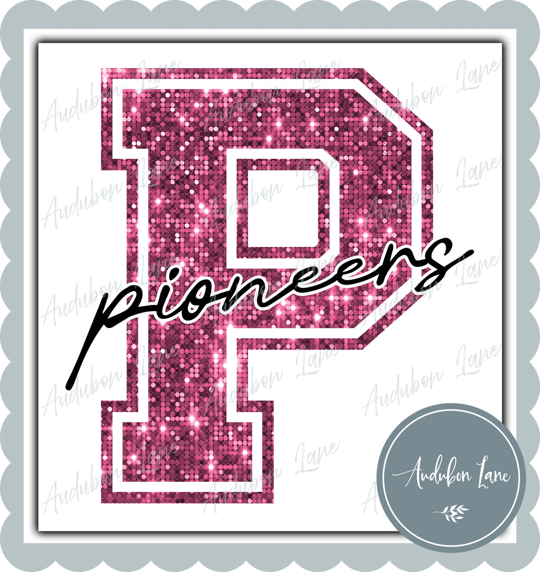 Pioneers Breast Cancer Awareness Faux Pink Sequin Mascot Letter Ready to Press DTF Transfer Customs Available On Request