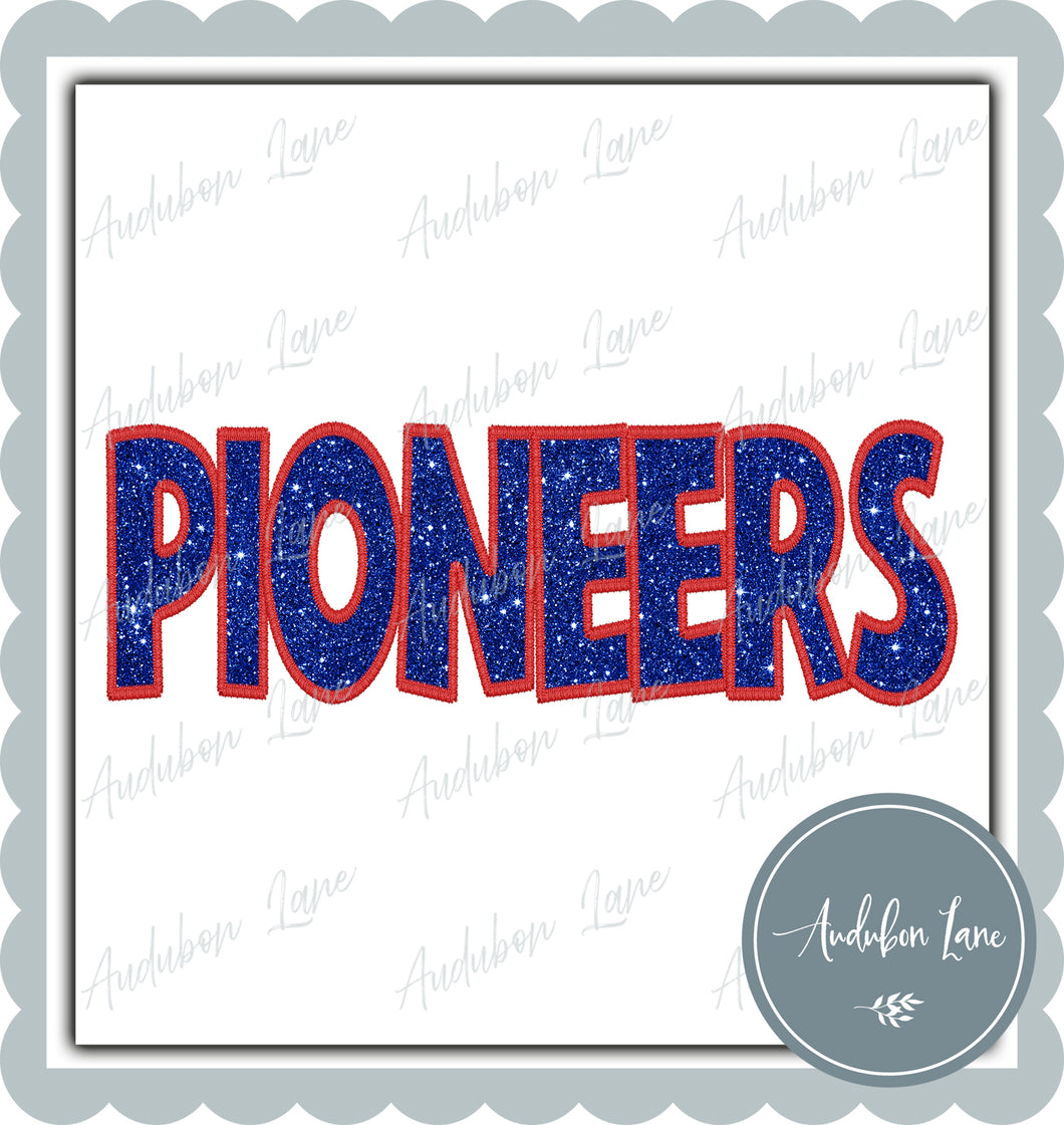 Pioneers Straight Across Faux Royal Blue Glitter and Red Embroidery Ready To Press DTF Transfer Custom Colors Available On Request