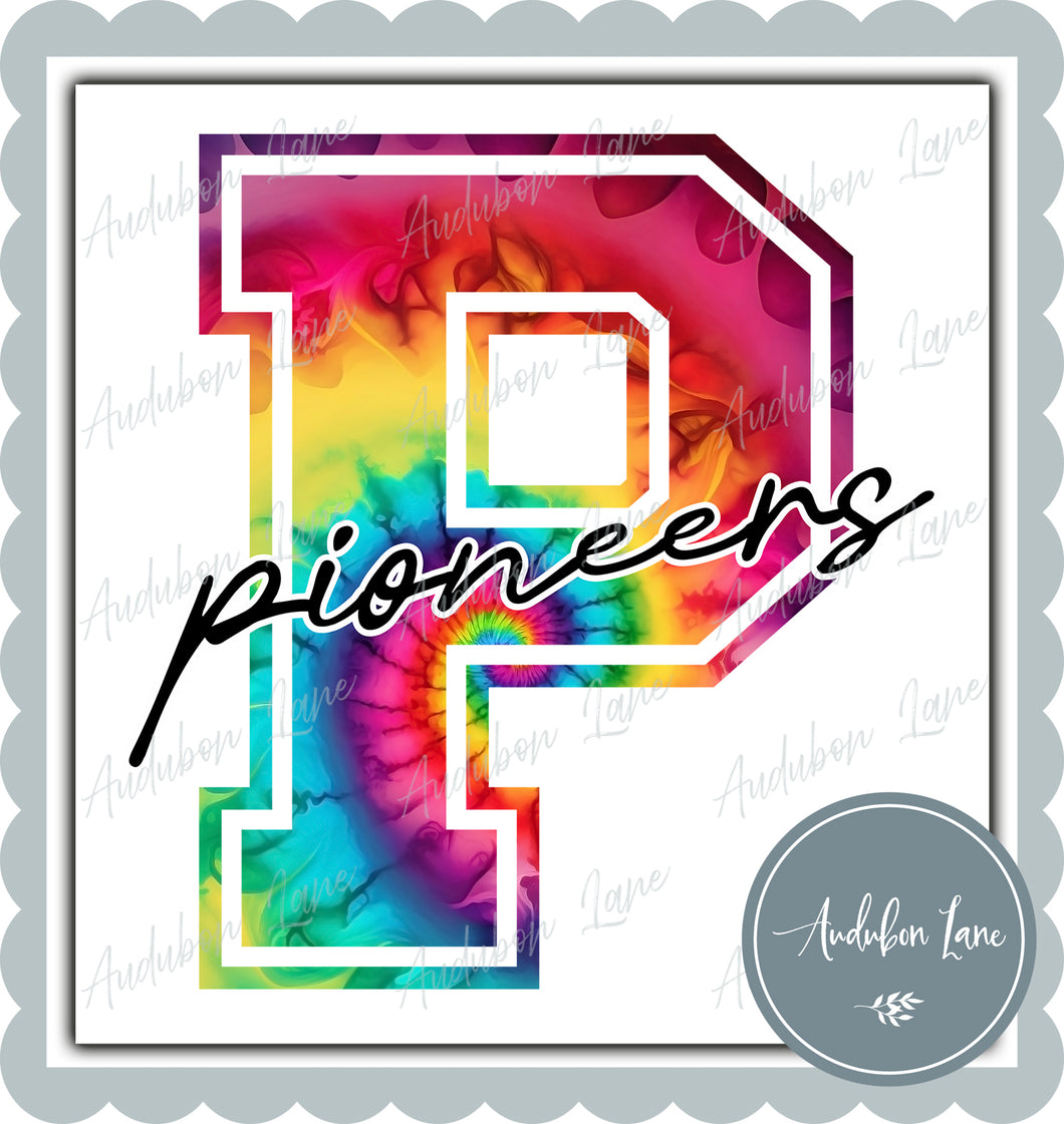 Pioneers Rainbow Tie Dye Mascot Letter Ready to Press DTF Transfer Customs Available On Request