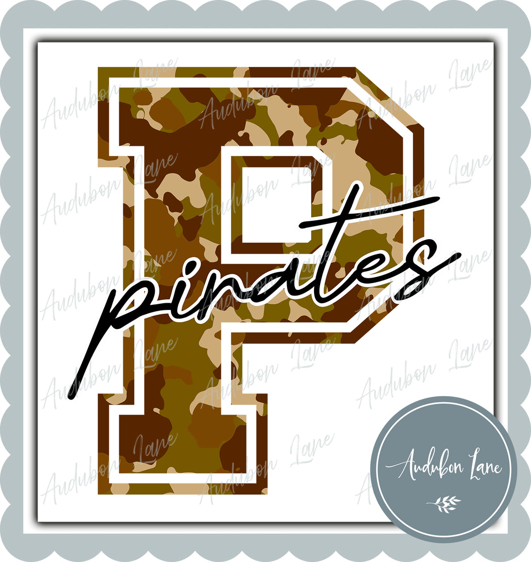 Pirates Old School Camo Mascot Letter Ready to Press DTF Transfer Customs Available On Request