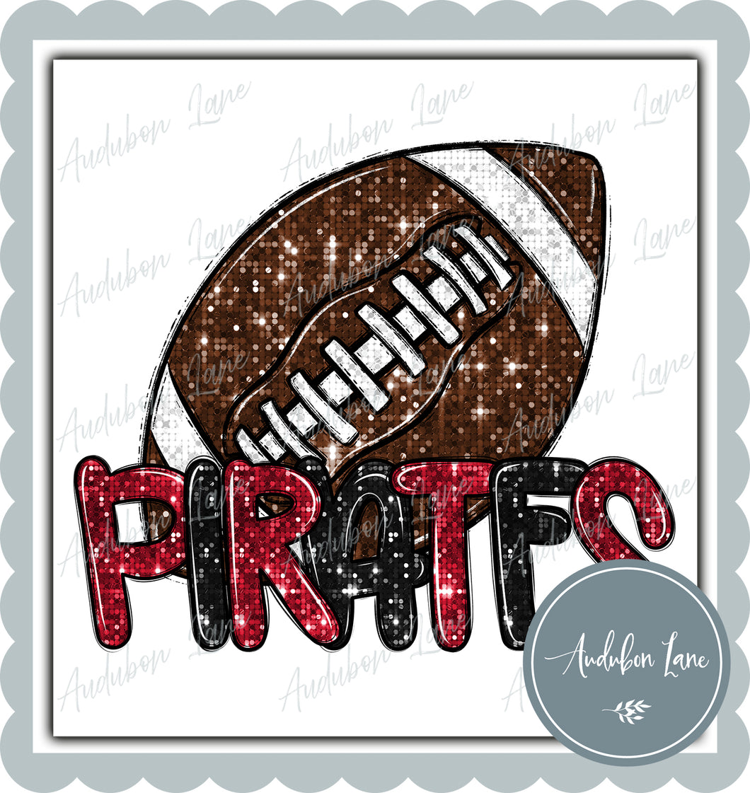 Pirates Red and Black Faux Sequin Football with Mascot Print Ready To Press DTF Transfer Custom Colors Available On Request