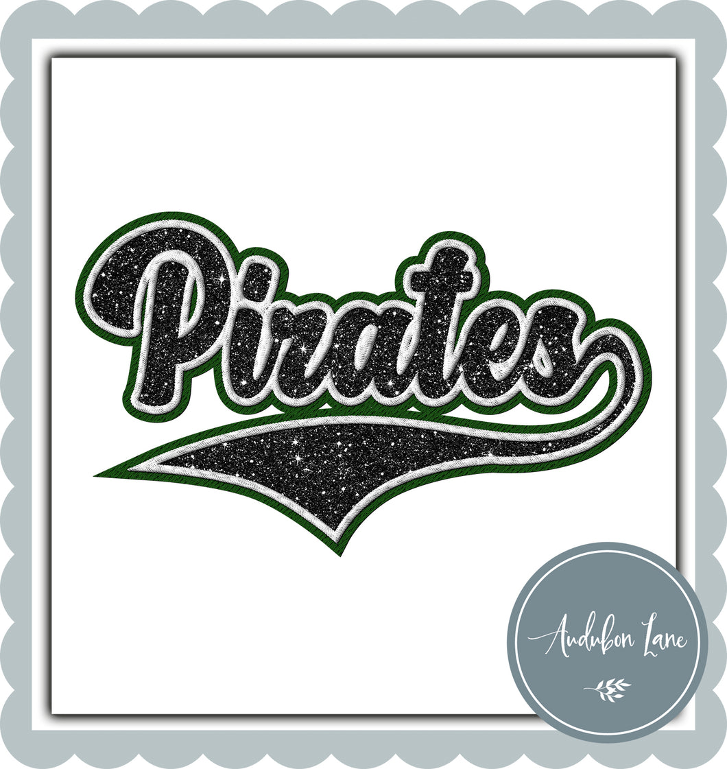 Pirates Faux Black Glitter and White and Dk Green Embroidery