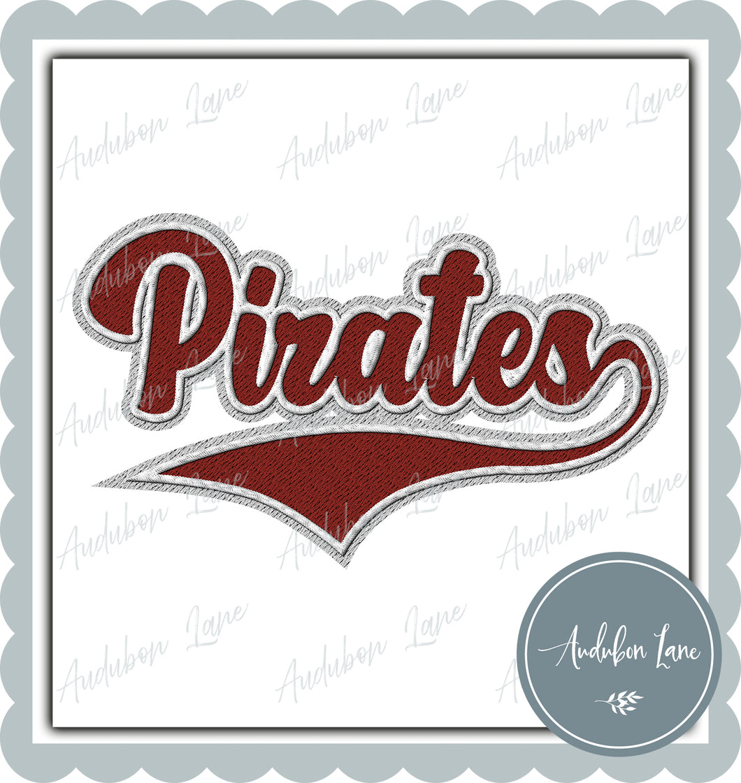 Pirates Faux Embroidery Patch Faux Dark Red and White and Light Grey Ready To Press DTF Transfer Custom Colors Available On Request