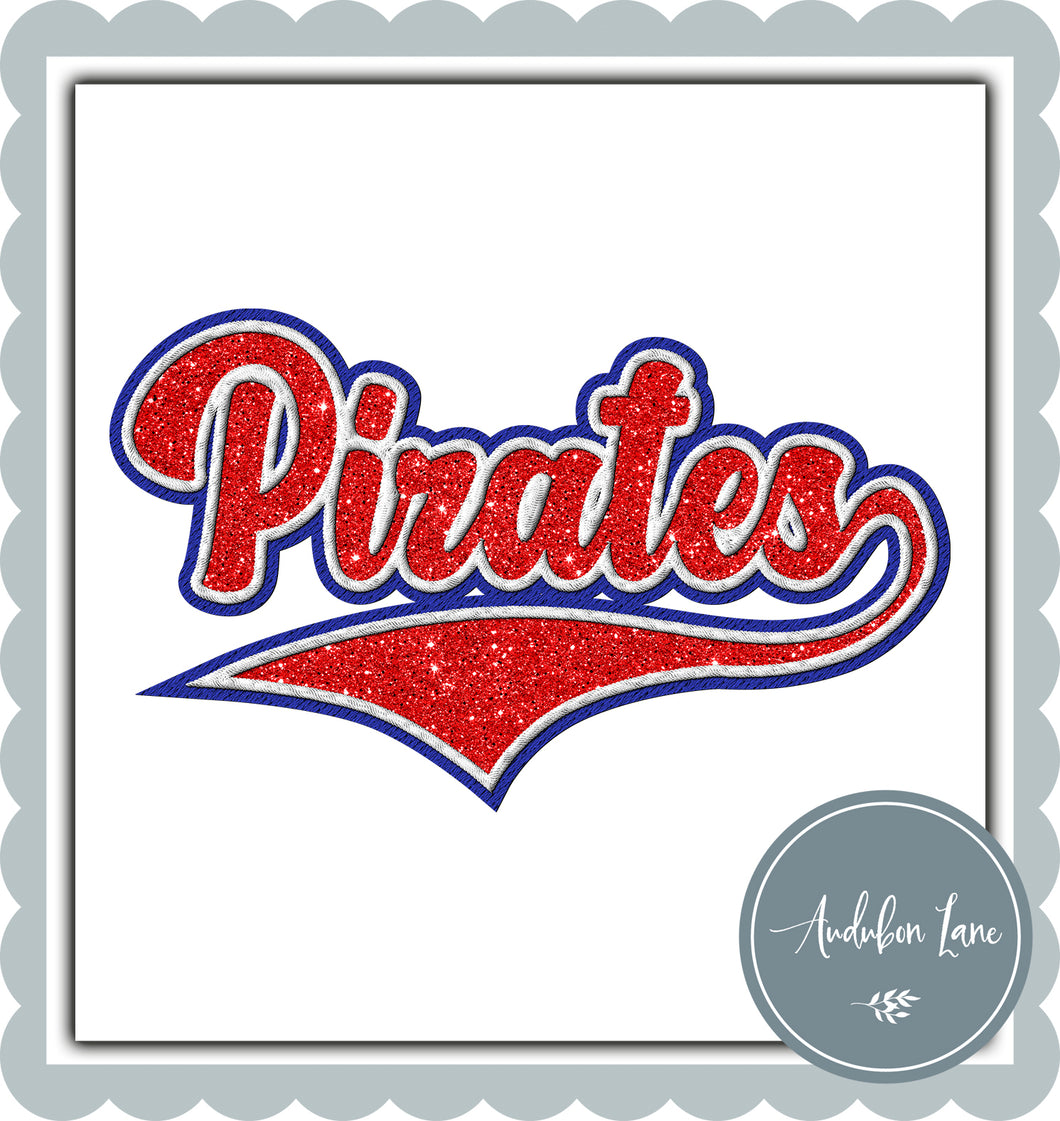 Pirates Faux Red Glitter and White and Royal Blue Embroidery