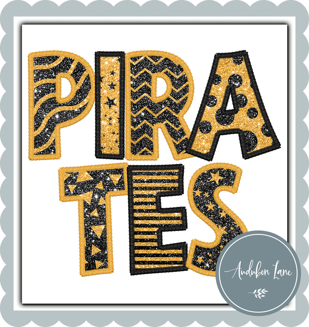 Pirates Stacked Faux Glitter and Embroidery Black and Gold