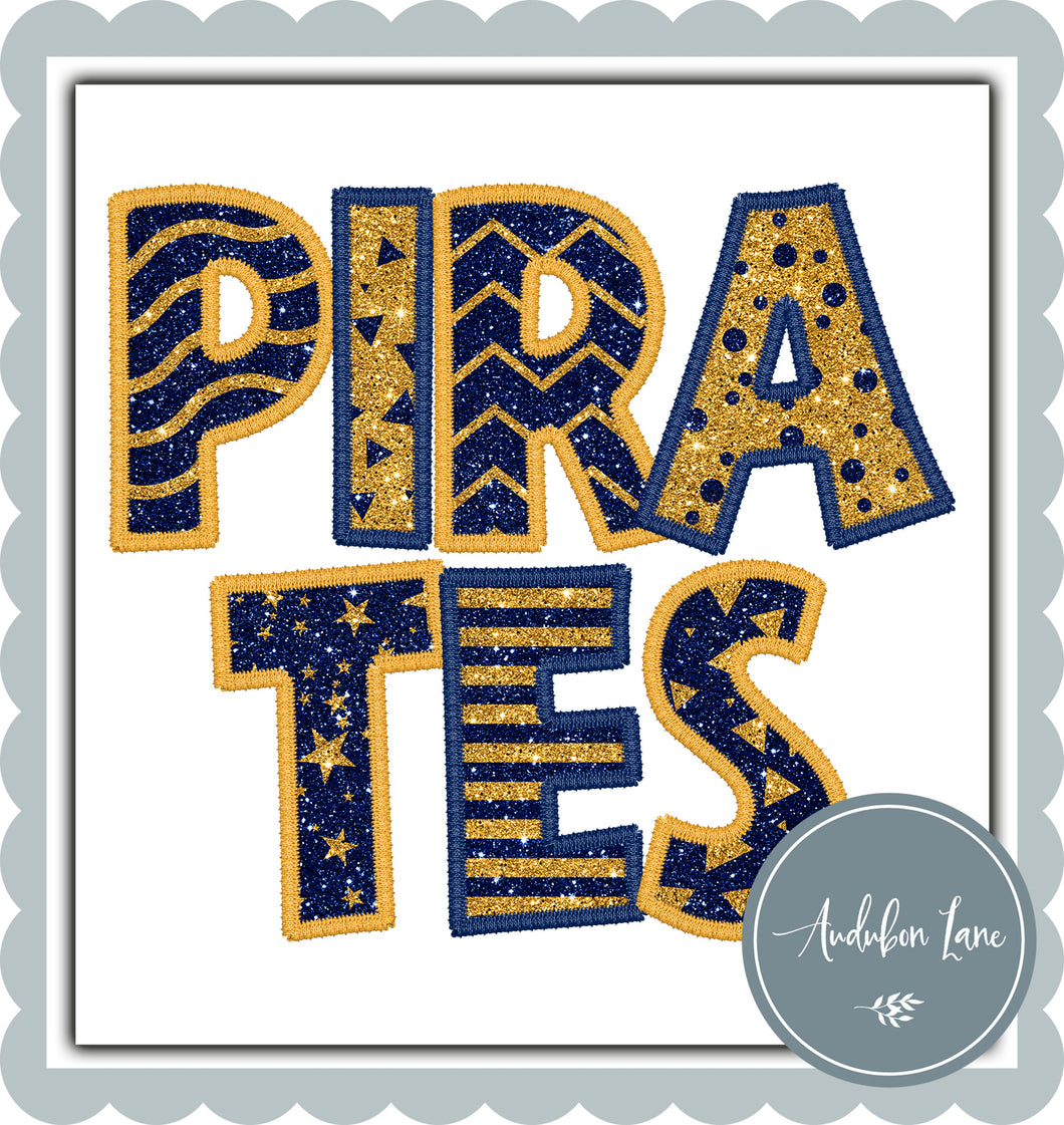 Pirates Stacked Faux Glitter and Embroidery Navy and Yellow Gold