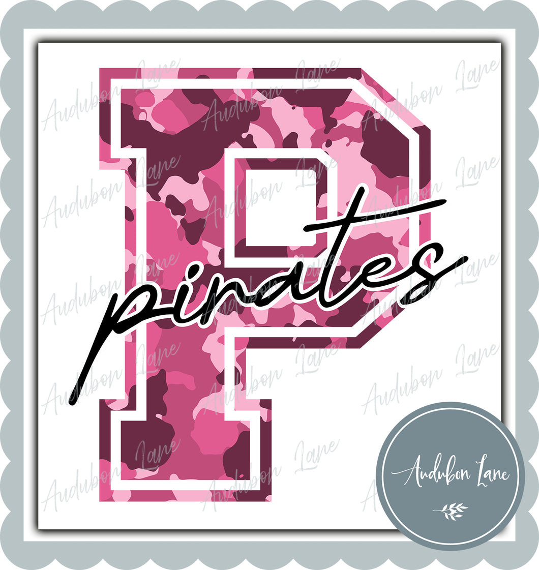 Pirates Breast Cancer Awareness Pink Camo Mascot Letter Ready to Press DTF Transfer Customs Available On Request