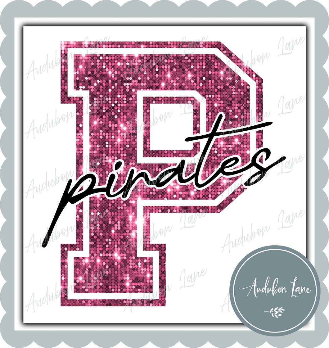 Pirates Breast Cancer Awareness Faux Pink Sequin Mascot Letter Ready to Press DTF Transfer Customs Available On Request
