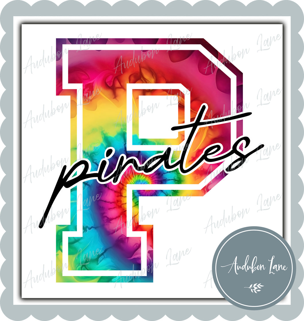 Pirates Rainbow Tie Dye Mascot Letter Ready to Press DTF Transfer Customs Available On Request