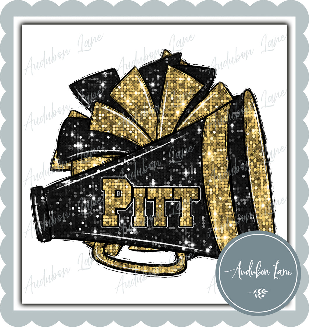 Pitt Black and Vegas Gold Faux Sequin Megaphone and Pom with Mascot Print Ready To Press DTF Transfer Custom Colors Available On Request
