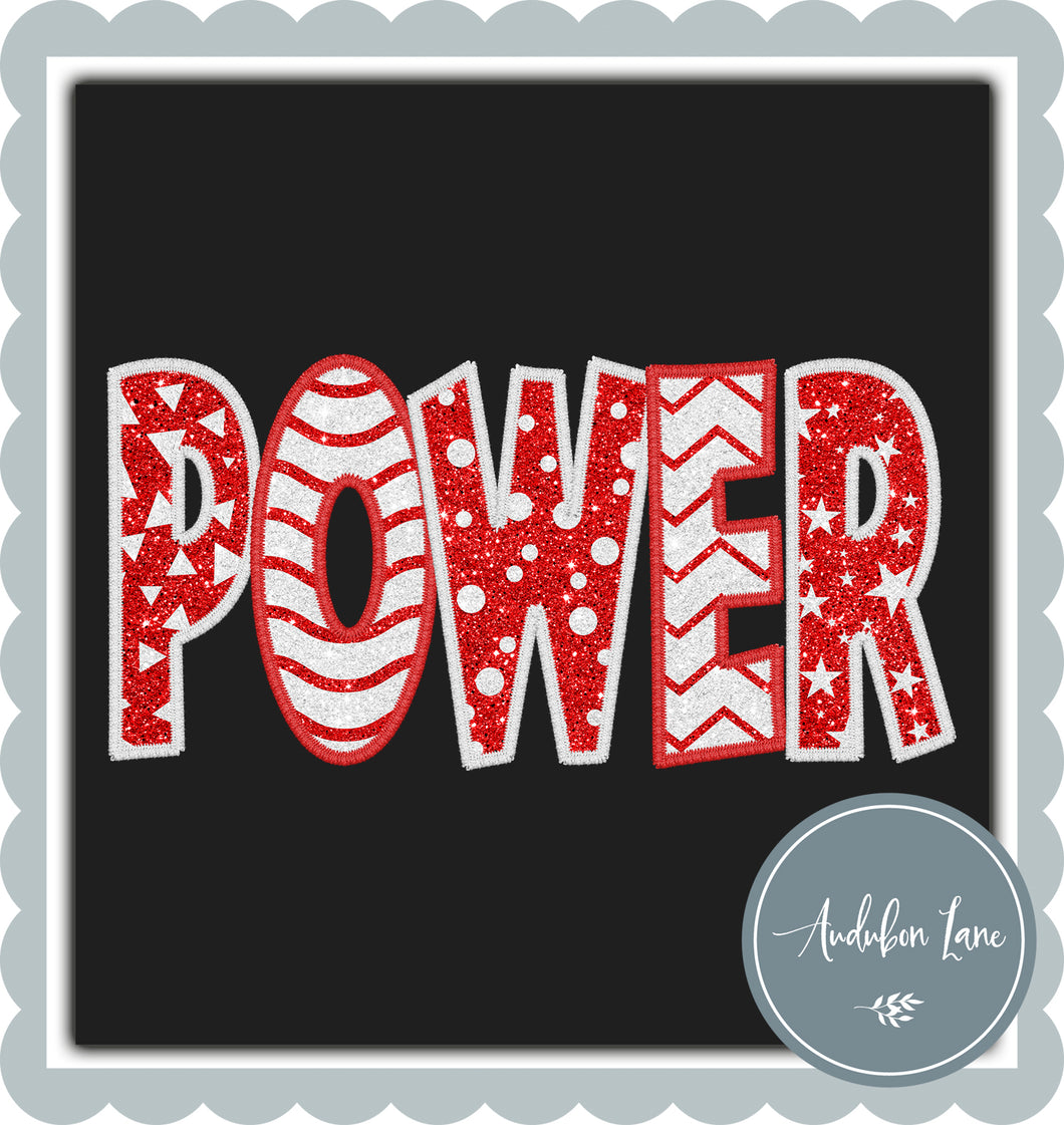 Power Faux Red and White Glitter Shapes Straight Across Embroidery