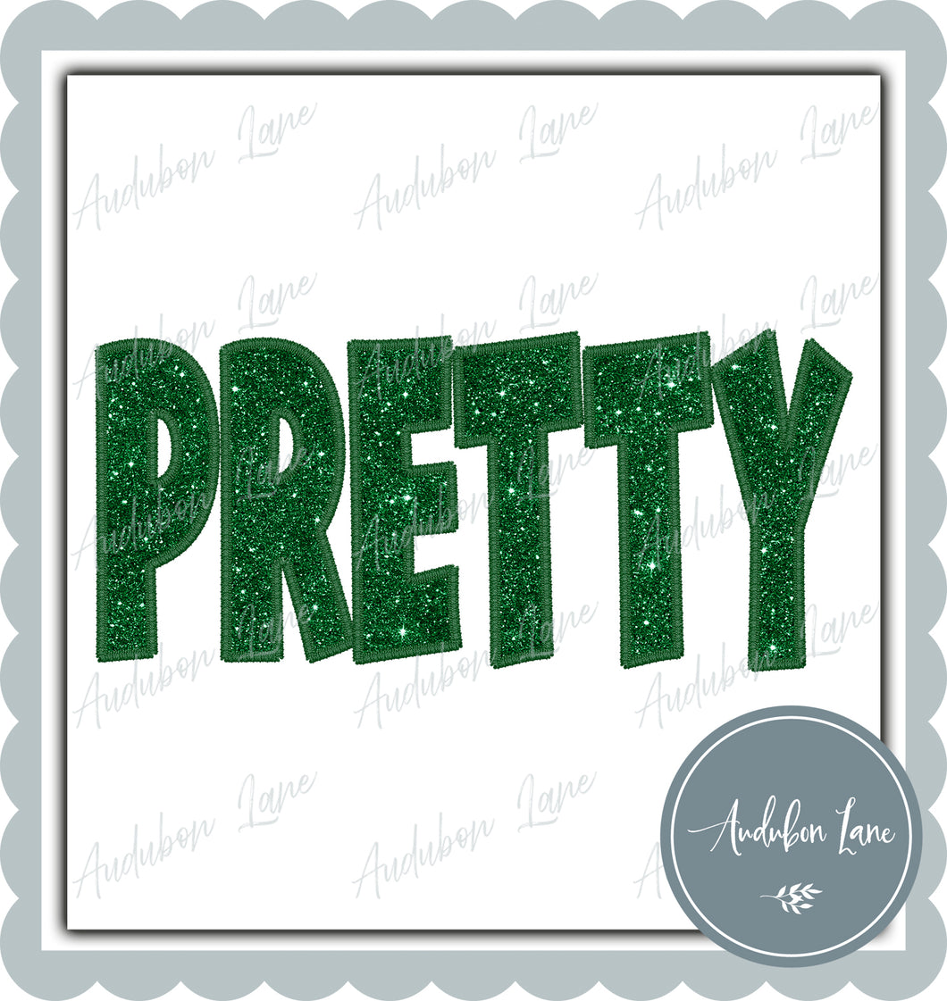 Pretty Straight Across Faux Green Glitter and Green Embroidery Ready To Press DTF Transfer Custom Colors Available On Request