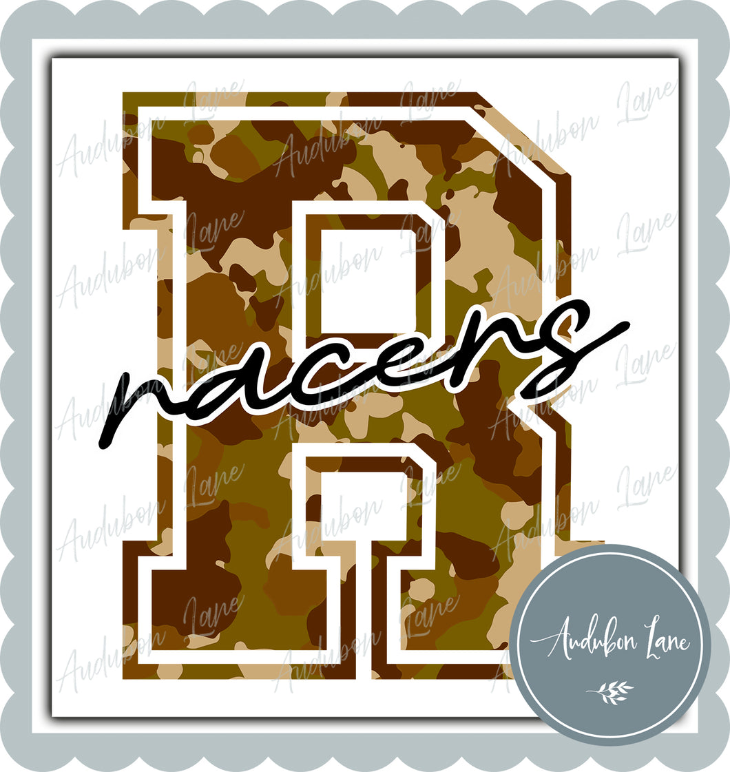 Racers Old School Camo Mascot Letter Ready to Press DTF Transfer Customs Available On Request