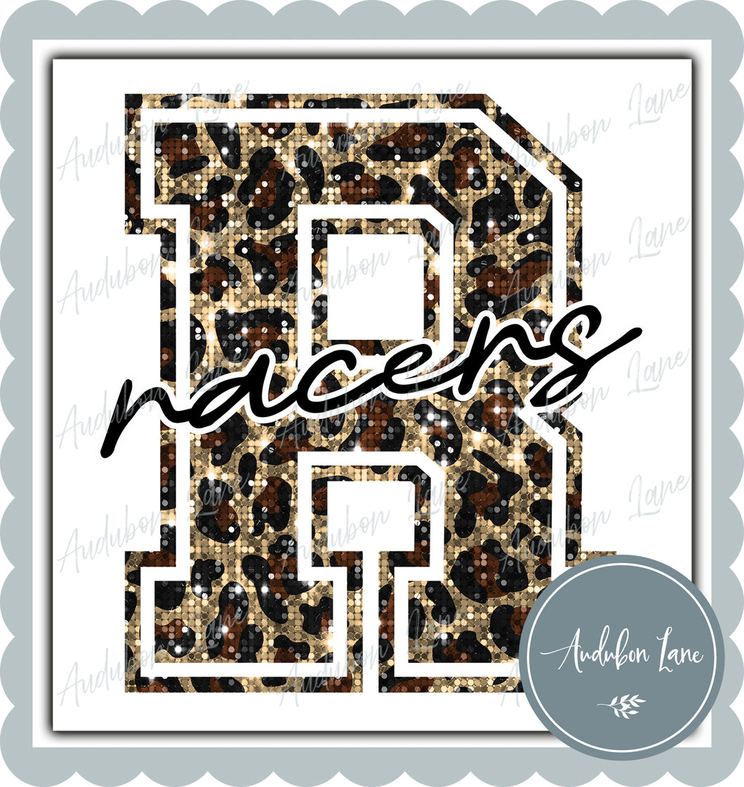 Racers Sequin Leopard Mascot Letter Ready to Press DTF Transfer Customs Available On Request