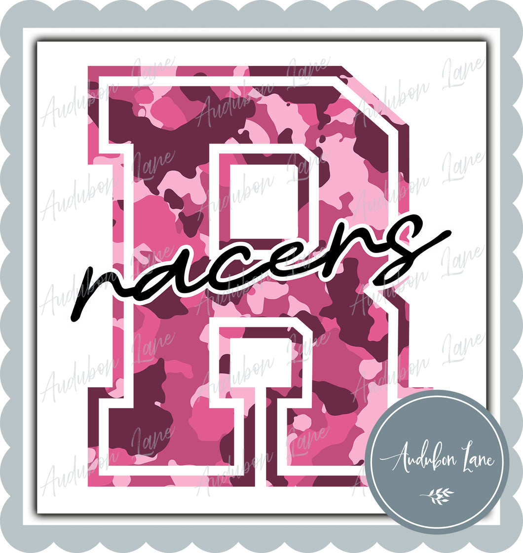 Racers Breast Cancer Awareness Pink Camo Mascot Letter Ready to Press DTF Transfer Customs Available On Request