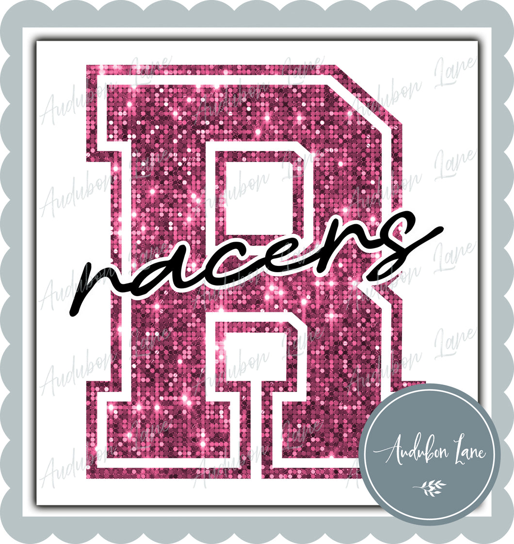 Racers Breast Cancer Awareness Faux Pink Sequin Mascot Letter Ready to Press DTF Transfer Customs Available On Request