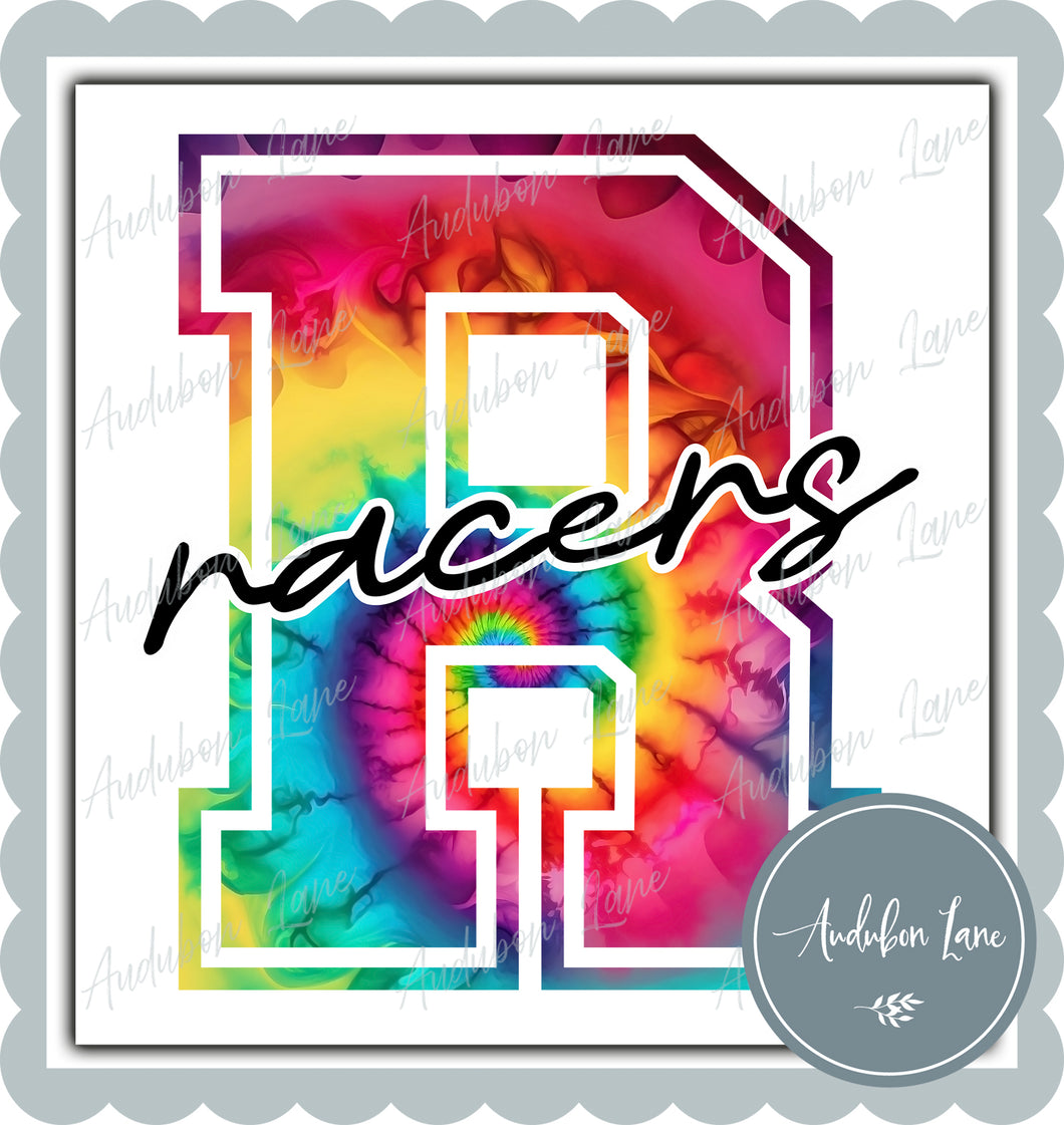 Racers Rainbow Tie Dye Mascot Letter Ready to Press DTF Transfer Customs Available On Request