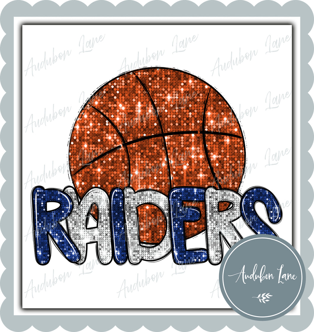 Raiders Royal Blue and White Faux Sequin Basketball with Mascot Print Ready To Press DTF Transfer Custom Colors Available On Request