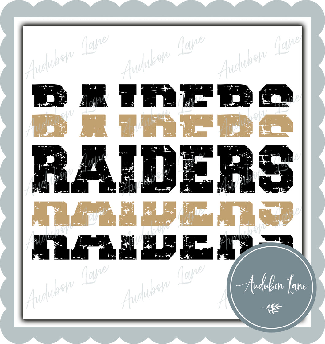 Raiders Stacked Pro Distressed Two Color Black and Vegas Gold Ready To Press DTF Transfer Custom Colors Available On Request