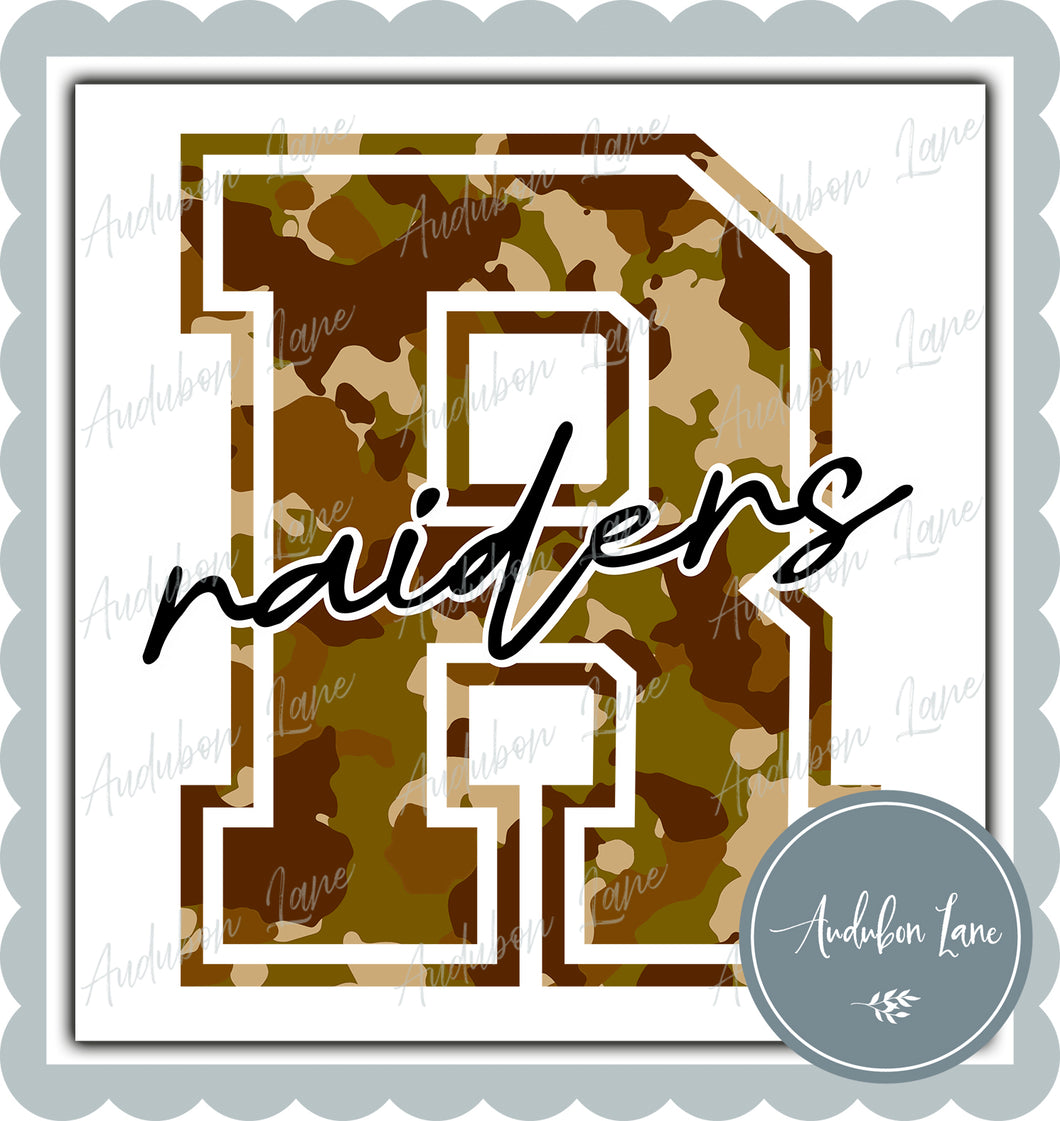 Raiders Old School Camo Mascot Letter Ready to Press DTF Transfer Customs Available On Request