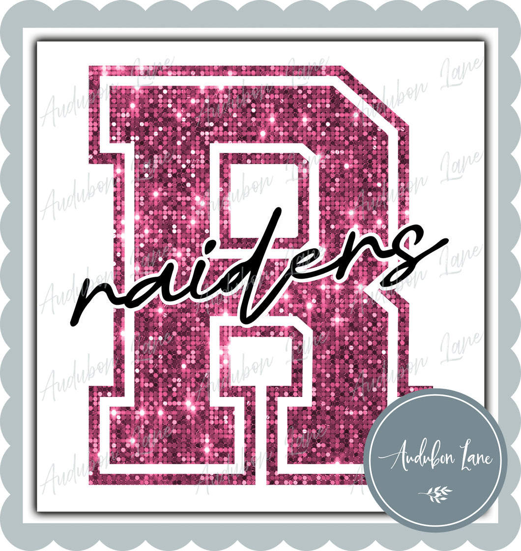 Raiders Breast Cancer Awareness Faux Pink Sequin Mascot Letter Ready to Press DTF Transfer Customs Available On Request