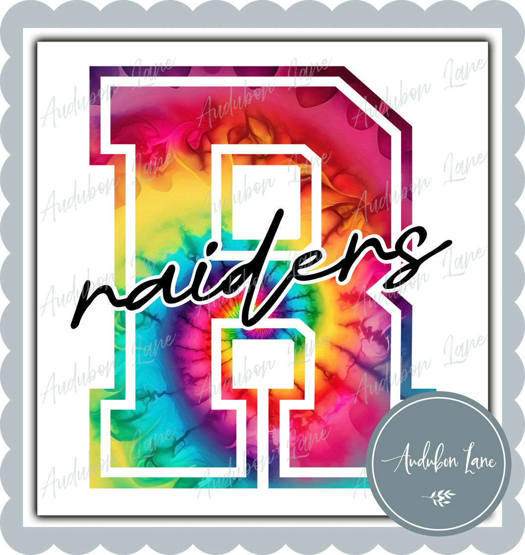 Raiders Rainbow Tie Dye Mascot Letter Ready to Press DTF Transfer Customs Available On Request