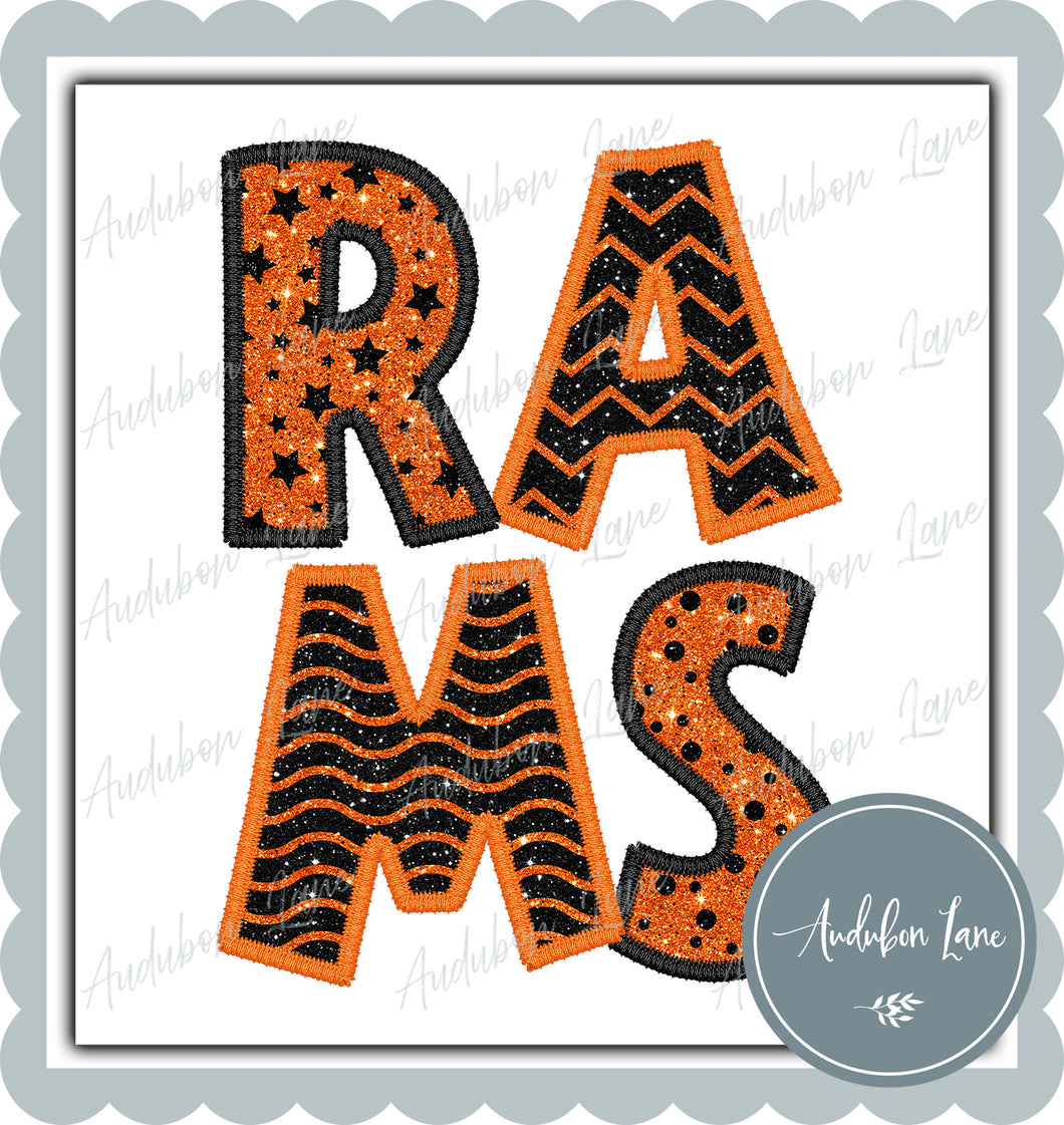 Rams Stacked Faux Glitter and Embroidery Orange and Black Shapes Ready To Press DTF Transfer Custom Colors Available On Request
