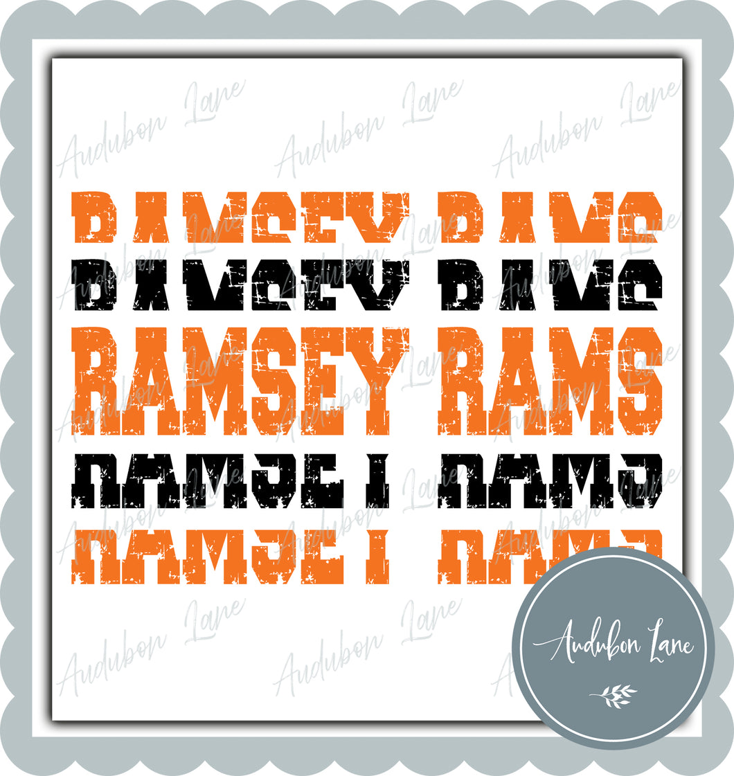 Ramsey Rams Stacked Pro Distressed Two Color Orange and Black Ready To Press DTF Transfer Custom Colors Available On Request