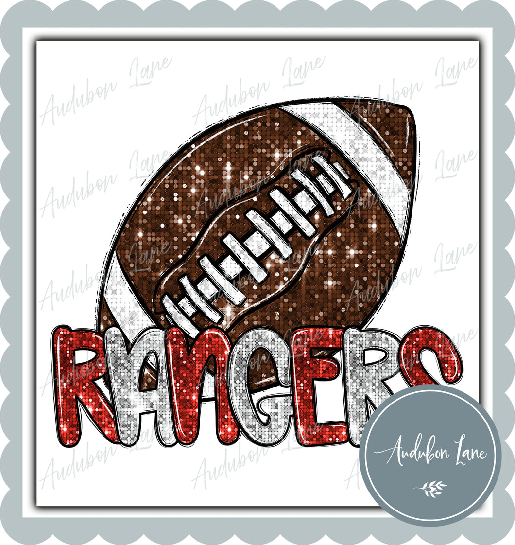 Rangers Red and White Faux Sequin Football with Mascot Print Ready To Press DTF Transfer Custom Colors Available On Request