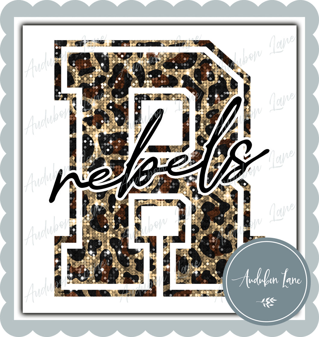 Rebels Sequin Leopard Mascot Letter Ready to Press DTF Transfer Customs Available On Request