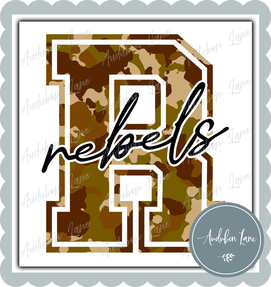 Rebels Old School Camo Mascot Letter Ready to Press DTF Transfer Customs Available On Request