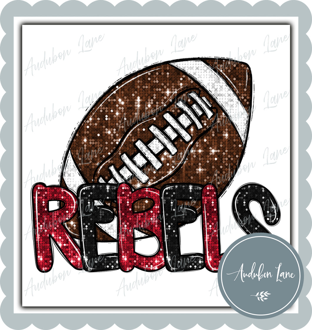Rebels Red and Black Faux Sequin Football with Mascot Print Ready To Press DTF Transfer Custom Colors Available On Request
