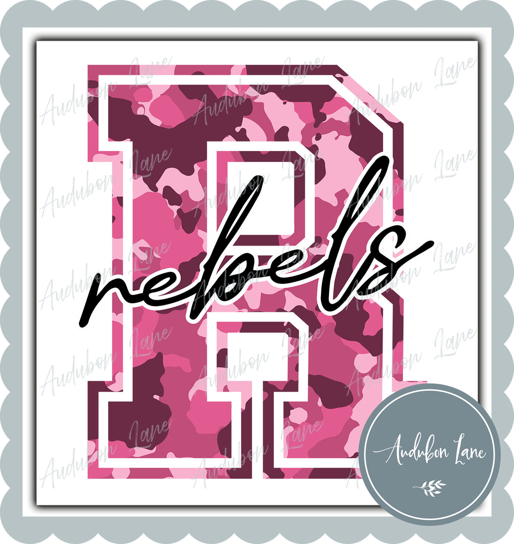 Rebels Breast Cancer Awareness Pink Camo Mascot Letter Ready to Press DTF Transfer Customs Available On Request