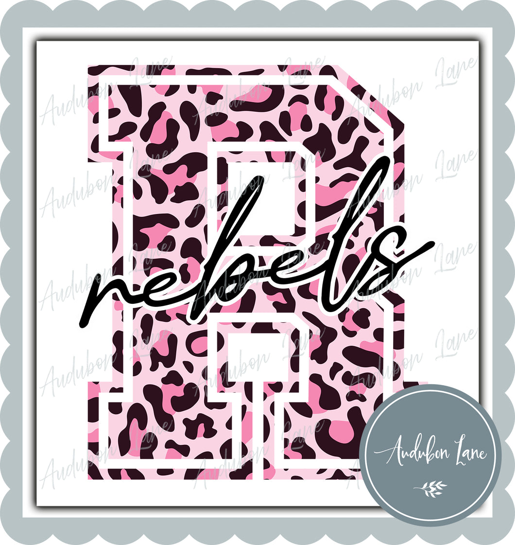 Rebels Breast Cancer Awareness Pink Leopard Mascot Letter Ready to Press DTF Transfer Customs Available On Request