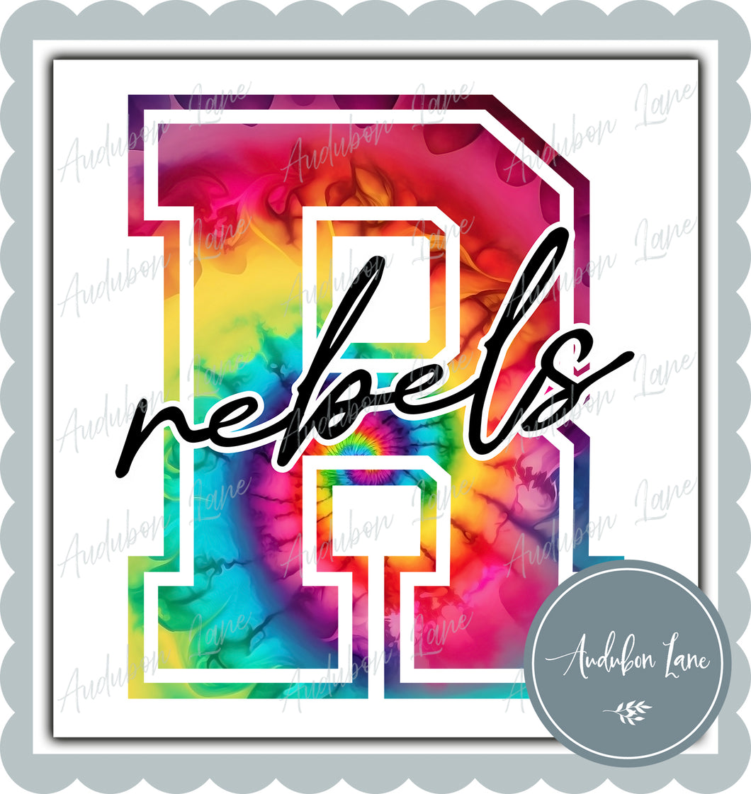 Rebels Rainbow Tie Dye Mascot Letter Ready to Press DTF Transfer Customs Available On Request