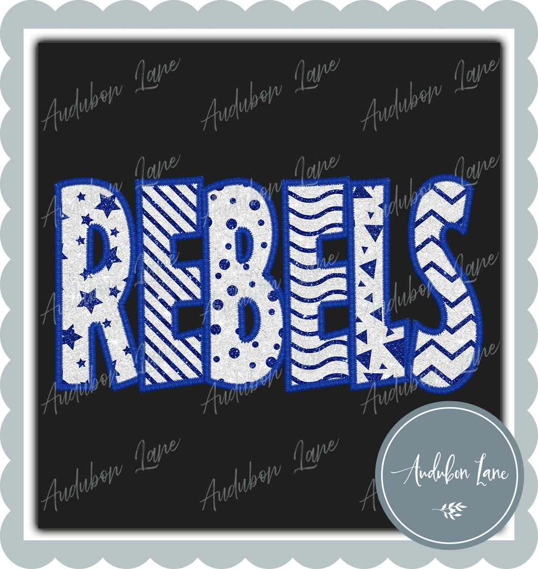 Rebels Straight Across Faux White Glitter Shapes and Royal Blue Embroidery Ready To Press DTF Transfer Custom Colors Available On Request